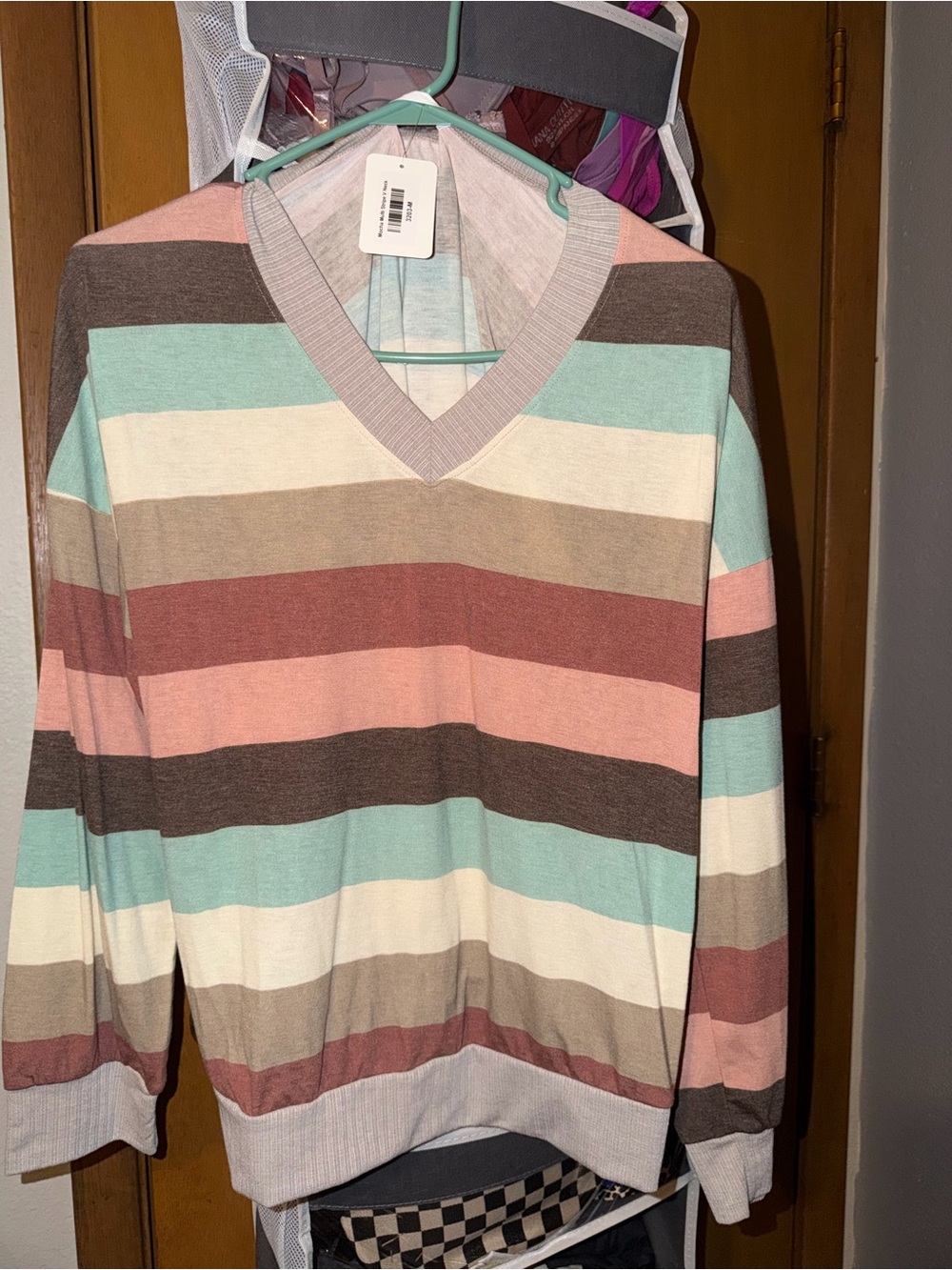 Women’s Striped V-Neck Sweater in Mint, Pink & Cream